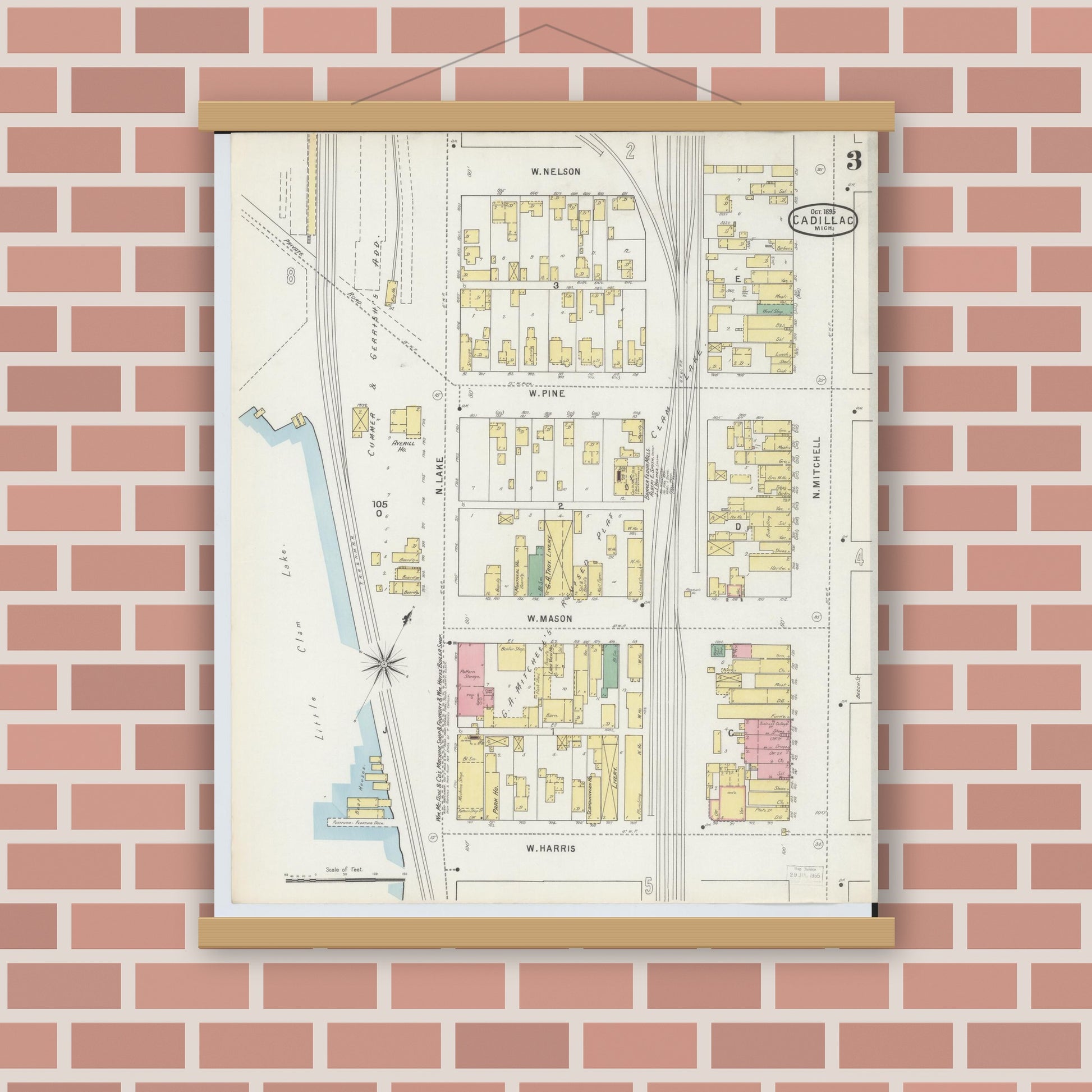 Old map wall art mockup — magnetic wood frame on brick wall — Sanborn Fire Insurance Map from Cadillac, Wexford County, Michigan (1895), Sheet #0003