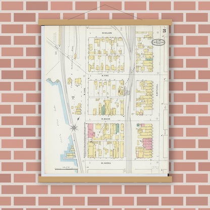 Old map wall art mockup — magnetic wood frame on brick wall — Sanborn Fire Insurance Map from Cadillac, Wexford County, Michigan (1895), Sheet #0003