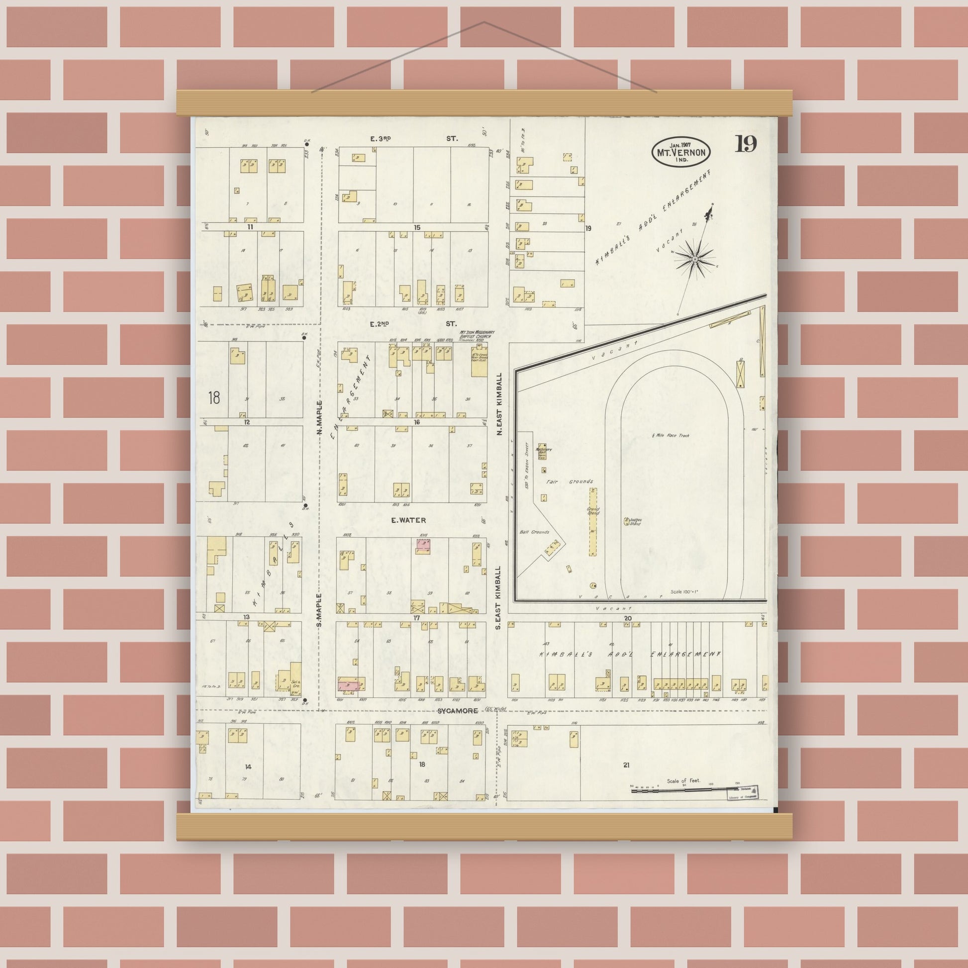 Old map wall art mockup — magnetic wood frame on brick wall — Sanborn Fire Insurance Map from Mount Vernon, Posey County, Indiana (1907), Sheet #0019