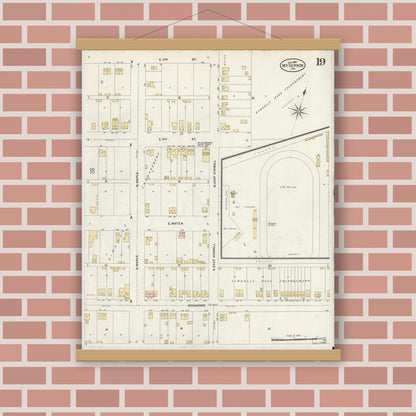 Old map wall art mockup — magnetic wood frame on brick wall — Sanborn Fire Insurance Map from Mount Vernon, Posey County, Indiana (1907), Sheet #0019