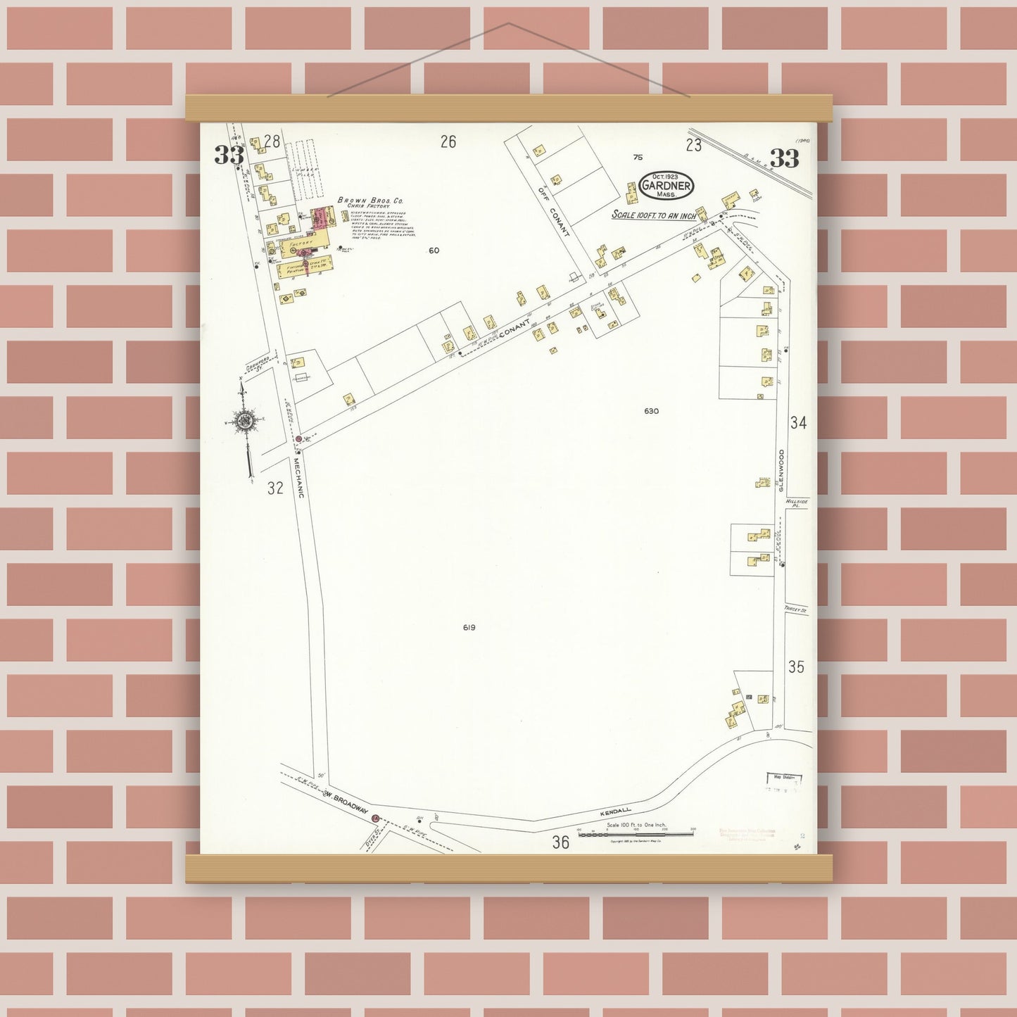 Old map wall art mockup — magnetic wood frame on brick wall — Sanborn Fire Insurance Map from Gardner, Worcester County, Massachusetts (1923), Sheet #0033