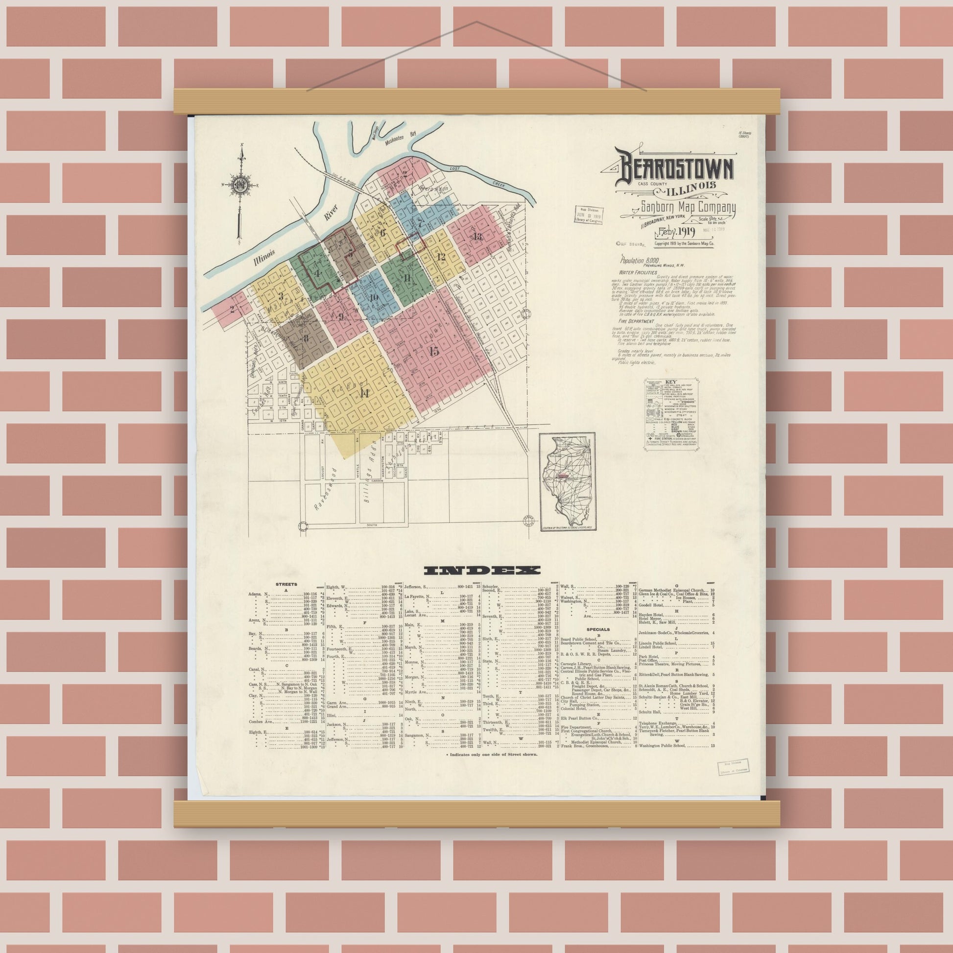 Old map wall art mockup — magnetic wood frame on brick wall — Sanborn Fire Insurance Map from Beardstown, Cass County, Illinois (1919) - Complete Map Set