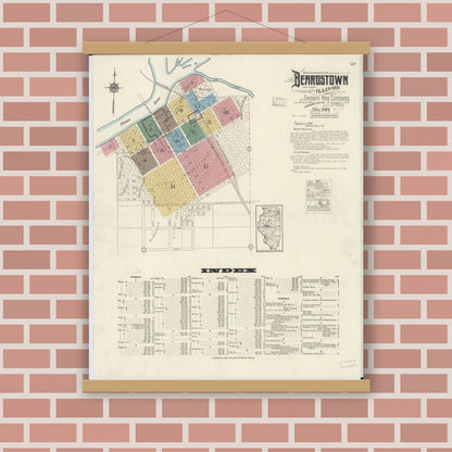 Old map wall art mockup — magnetic wood frame on brick wall — Sanborn Fire Insurance Map from Beardstown, Cass County, Illinois (1919) - Complete Map Set