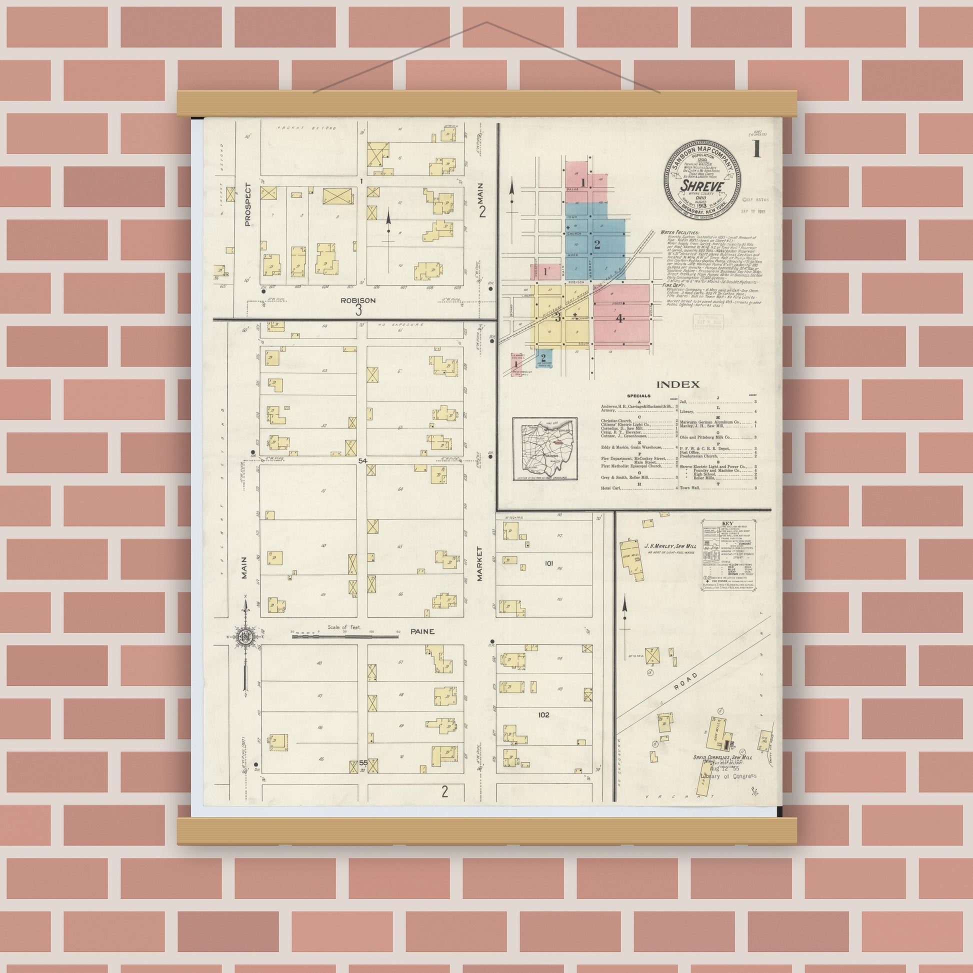 Old map wall art mockup — magnetic wood frame on brick wall — Sanborn Fire Insurance Map from Shreve, Wayne County, Ohio (1913) - Complete Map Set
