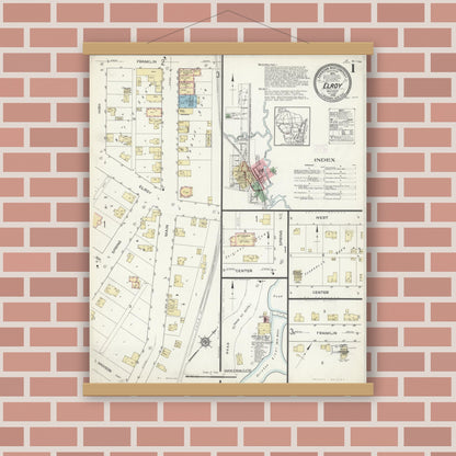Old map wall art mockup — magnetic wood frame on brick wall — Sanborn Fire Insurance Map from Elroy, Juneau County, Wisconsin (1914), Sheet #0001