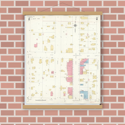 Old map wall art mockup — magnetic wood frame on brick wall — Sanborn Fire Insurance Map from Schoolcraft, Kalamazoo County, Michigan (1937), Sheet #0002