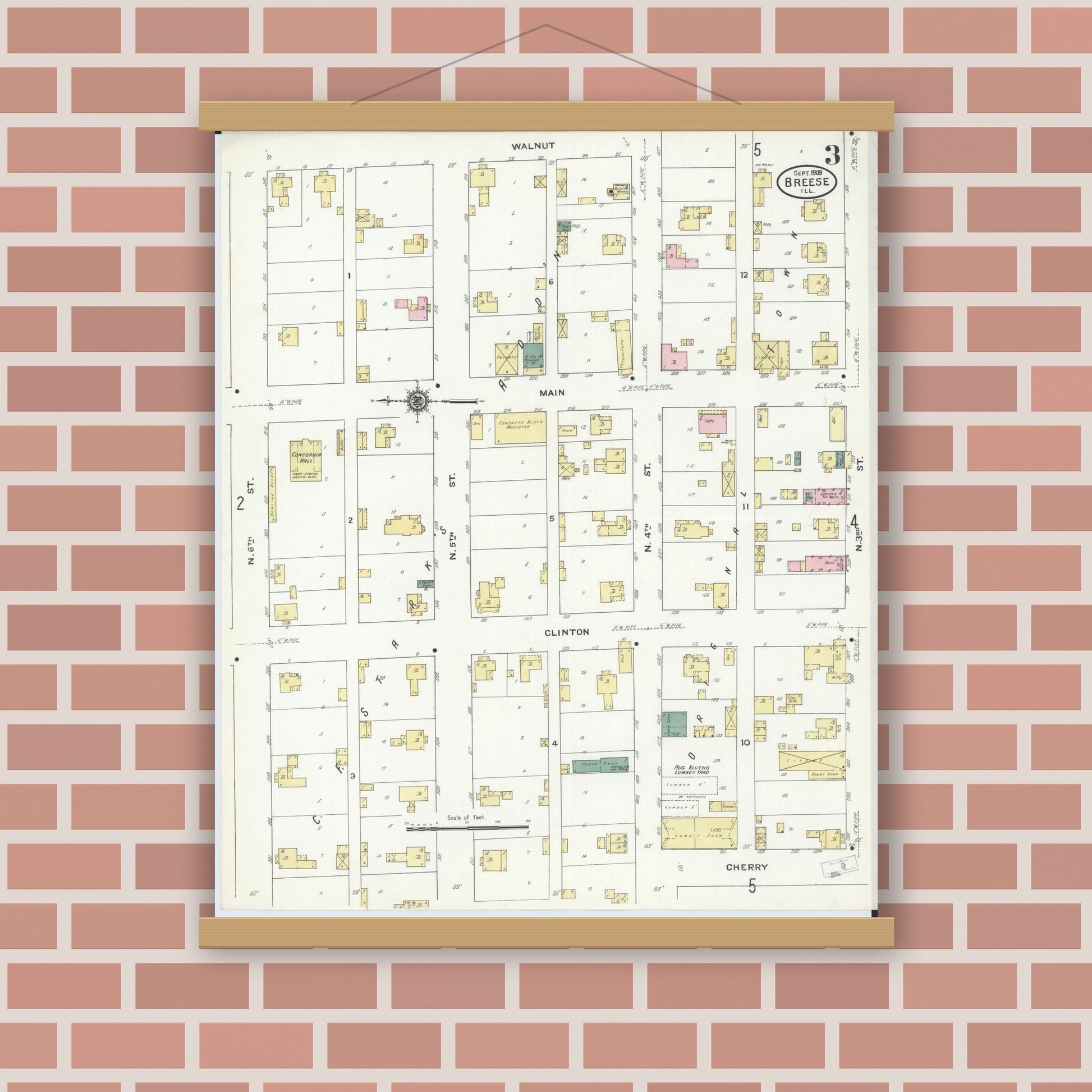 Old map wall art mockup — magnetic wood frame on brick wall — Sanborn Fire Insurance Map from Breese, Clinton County, Illinois (1909), Sheet #0003