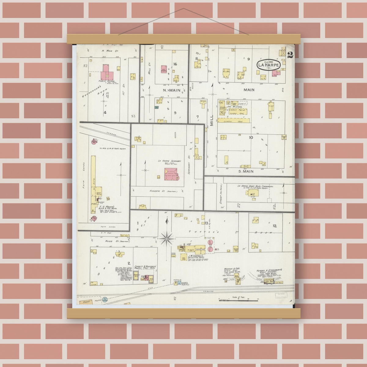 Old map wall art mockup — magnetic wood frame on brick wall — Sanborn Fire Insurance Map from La Harpe, Hancock County, Illinois (1893), Sheet #0002