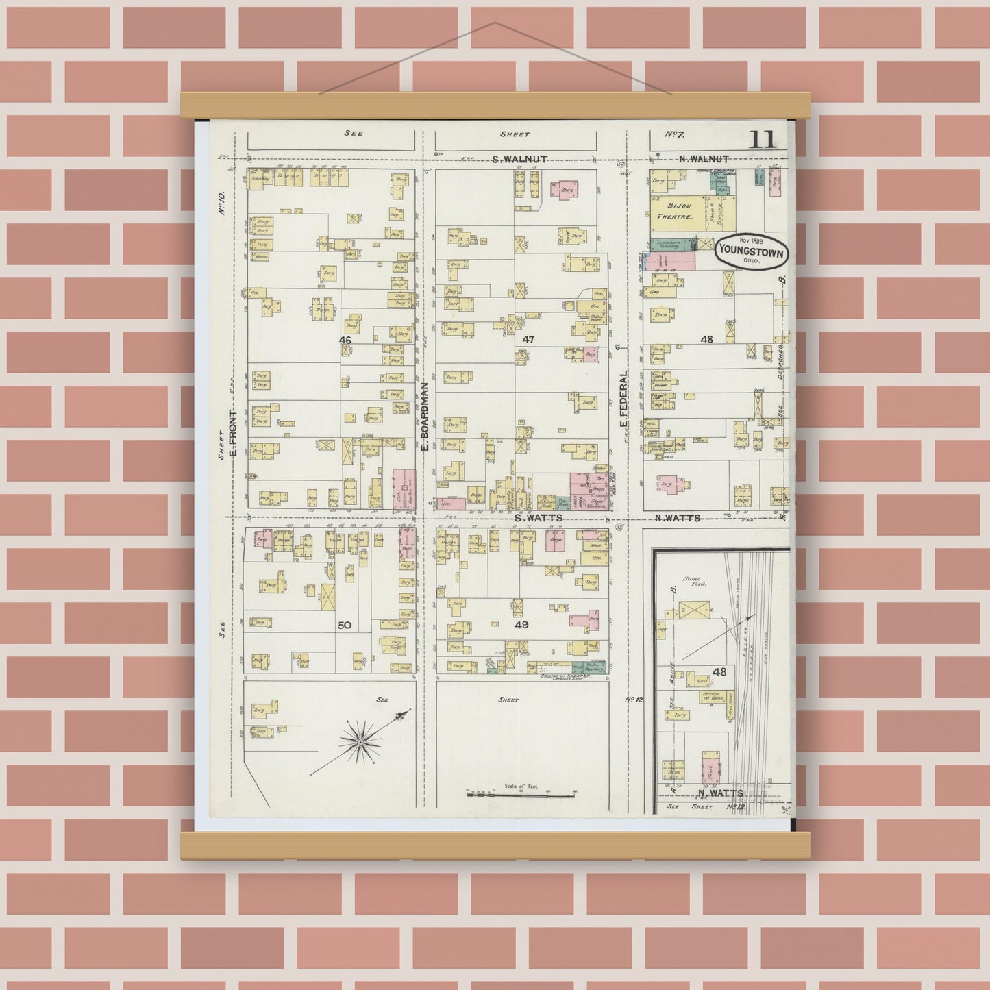 Old map wall art mockup — magnetic wood frame on brick wall — Sanborn Fire Insurance Map from Youngstown, Mahoning County, Ohio (1889), Sheet #0011