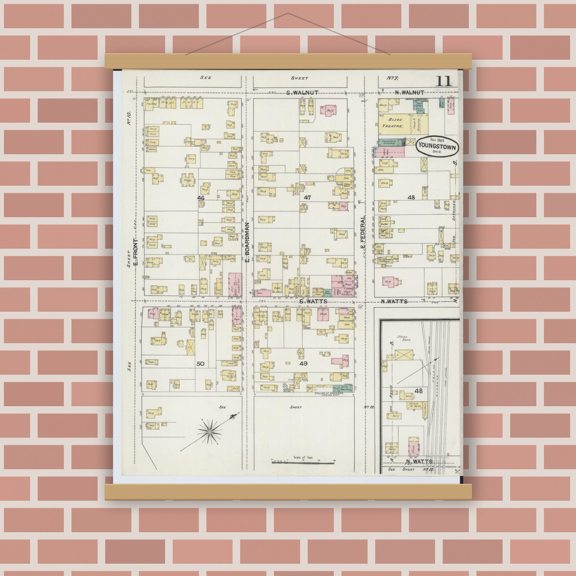 Old map wall art mockup — magnetic wood frame on brick wall — Sanborn Fire Insurance Map from Youngstown, Mahoning County, Ohio (1889), Sheet #0011