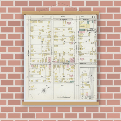 Old map wall art mockup — magnetic wood frame on brick wall — Sanborn Fire Insurance Map from Youngstown, Mahoning County, Ohio (1889), Sheet #0011