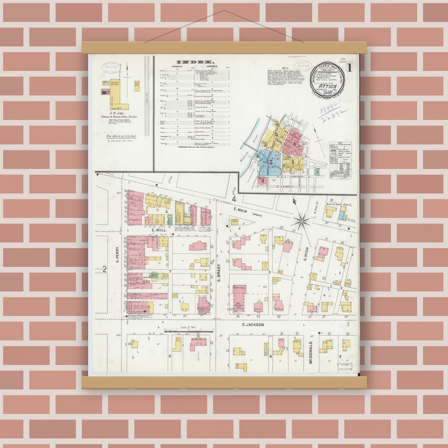 Old map wall art mockup — magnetic wood frame on brick wall — Sanborn Fire Insurance Map from Attica, Fountain County, Indiana (1899), Sheet #0001