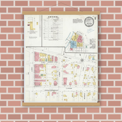 Old map wall art mockup — magnetic wood frame on brick wall — Sanborn Fire Insurance Map from Attica, Fountain County, Indiana (1899), Sheet #0001