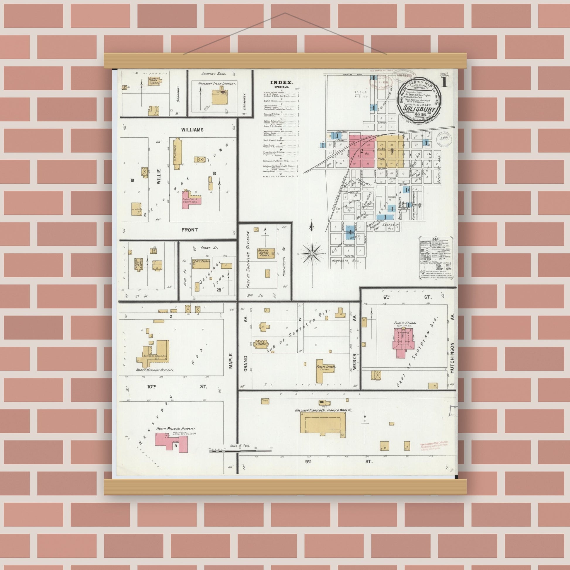 Old map wall art mockup — magnetic wood frame on brick wall — Sanborn Fire Insurance Map from Salisbury, Chariton County, Missouri (1899) - Complete Map Set