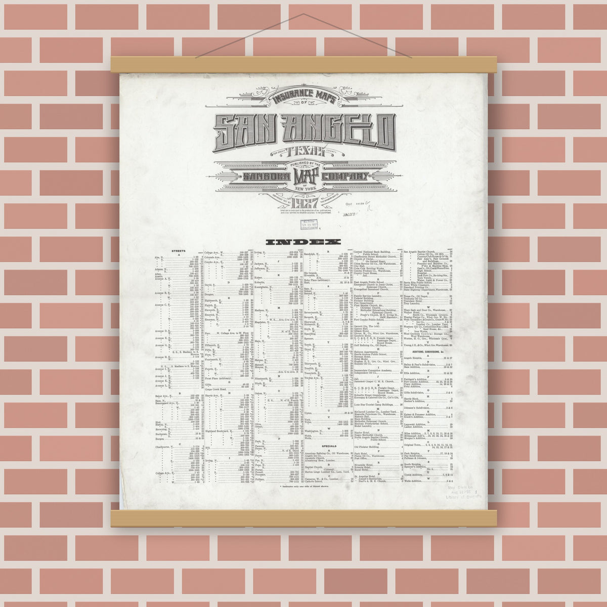 Old map wall art mockup — magnetic wood frame on brick wall — Sanborn Fire Insurance Map from San Angelo, Tom Green County, Texas (1927), Sheet #0001