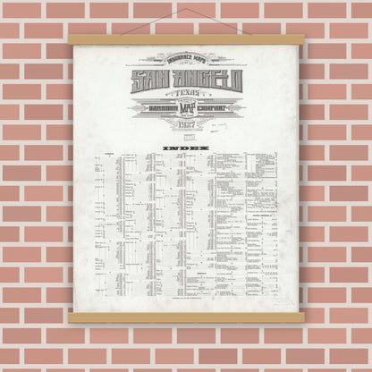 Old map wall art mockup — magnetic wood frame on brick wall — Sanborn Fire Insurance Map from San Angelo, Tom Green County, Texas (1927), Sheet #0001