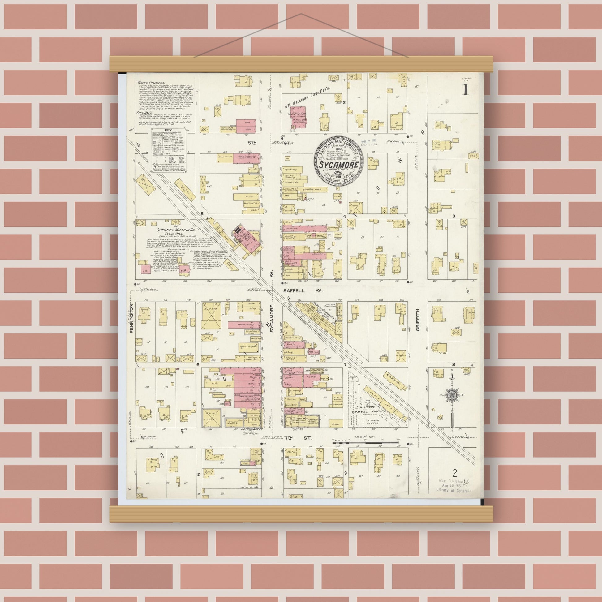 Old map wall art mockup — magnetic wood frame on brick wall — Sanborn Fire Insurance Map from Sycamore, Wyandot County, Ohio (1911), Sheet #0001