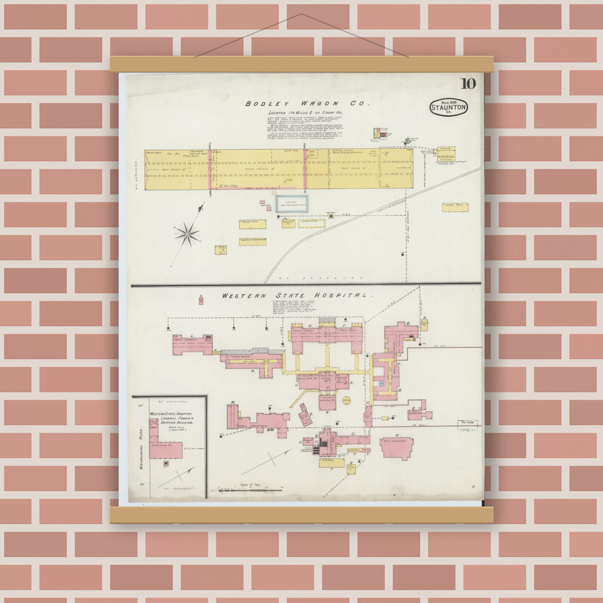 Old map wall art mockup — magnetic wood frame on brick wall — Sanborn Fire Insurance Map from Staunton, Independent Cities, Virginia (1894), Sheet #0010