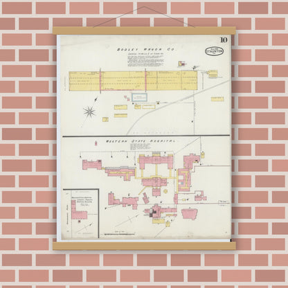 Old map wall art mockup — magnetic wood frame on brick wall — Sanborn Fire Insurance Map from Staunton, Independent Cities, Virginia (1894), Sheet #0010