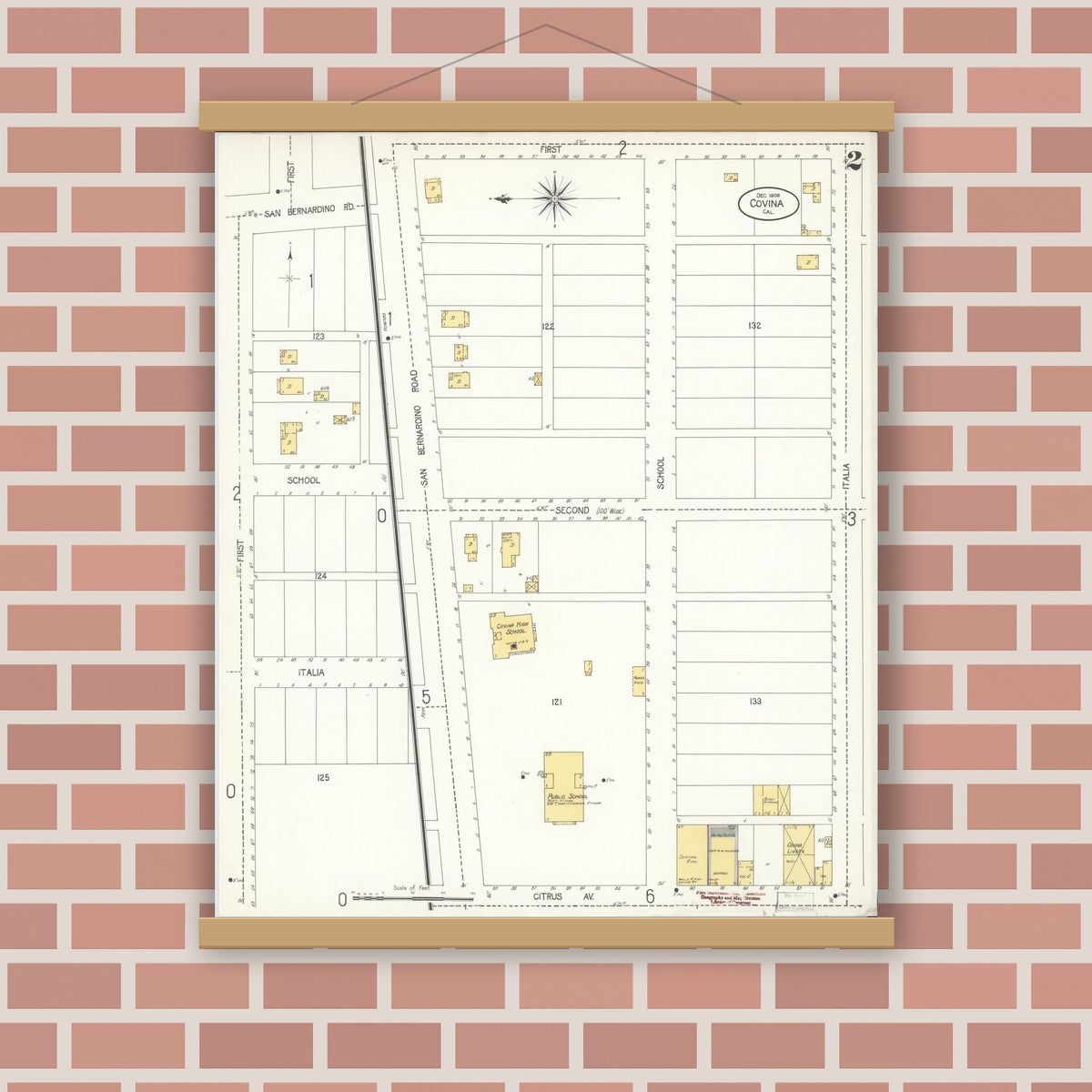 Old map wall art mockup — magnetic wood frame on brick wall — Sanborn Fire Insurance Map from Covina, Los Angeles County, California (1906), Sheet #0002