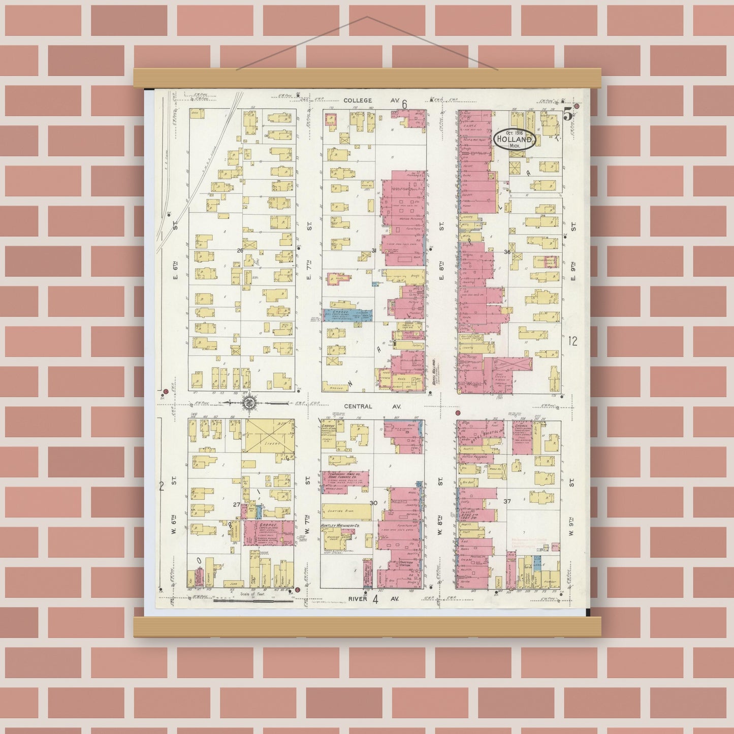 Old map wall art mockup — magnetic wood frame on brick wall — Sanborn Fire Insurance Map from Holland, Ottawa County, Michigan (1916), Sheet #0005