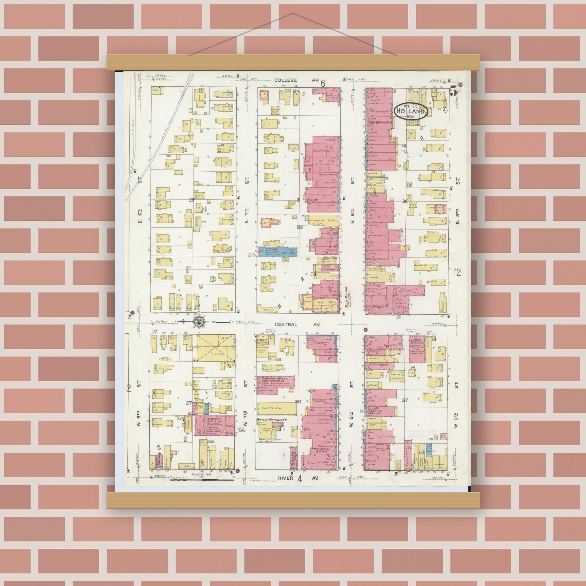 Old map wall art mockup — magnetic wood frame on brick wall — Sanborn Fire Insurance Map from Holland, Ottawa County, Michigan (1916), Sheet #0005