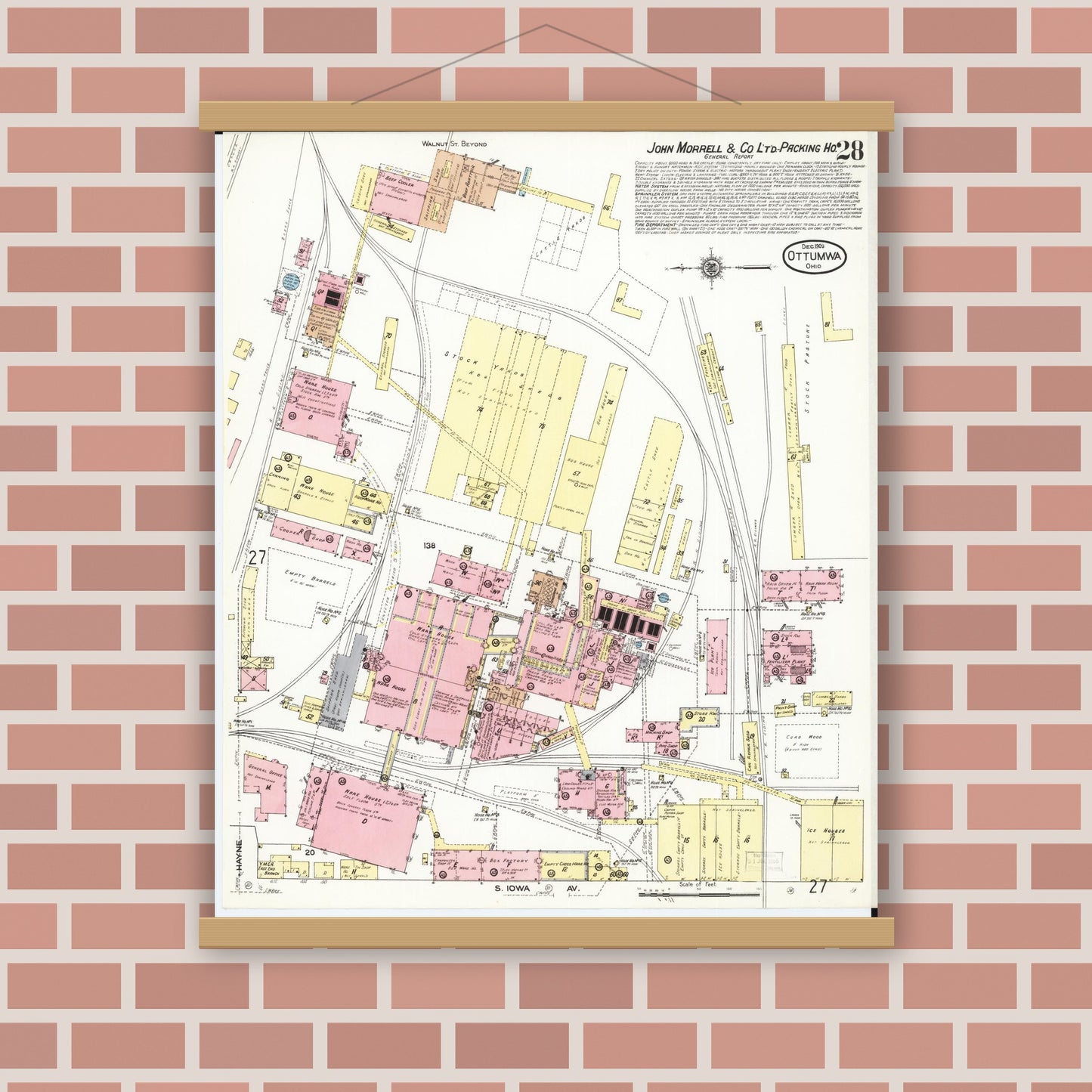 Old map wall art mockup — magnetic wood frame on brick wall — Sanborn Fire Insurance Map from Ottumwa, Wapello County, Iowa (1909), Sheet #0028