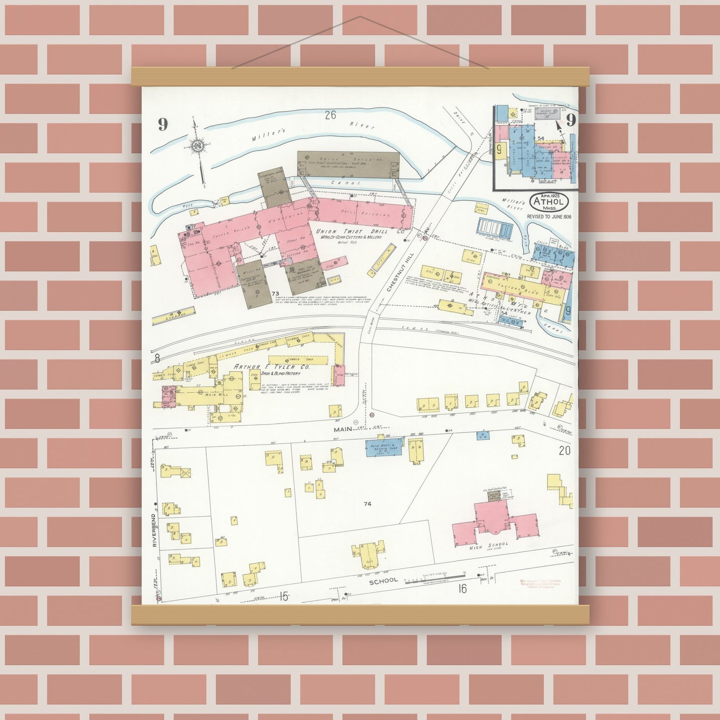 Old map wall art mockup — magnetic wood frame on brick wall — Sanborn Fire Insurance Map from Athol, Worcester County, Massachusetts (1936), Sheet #0009