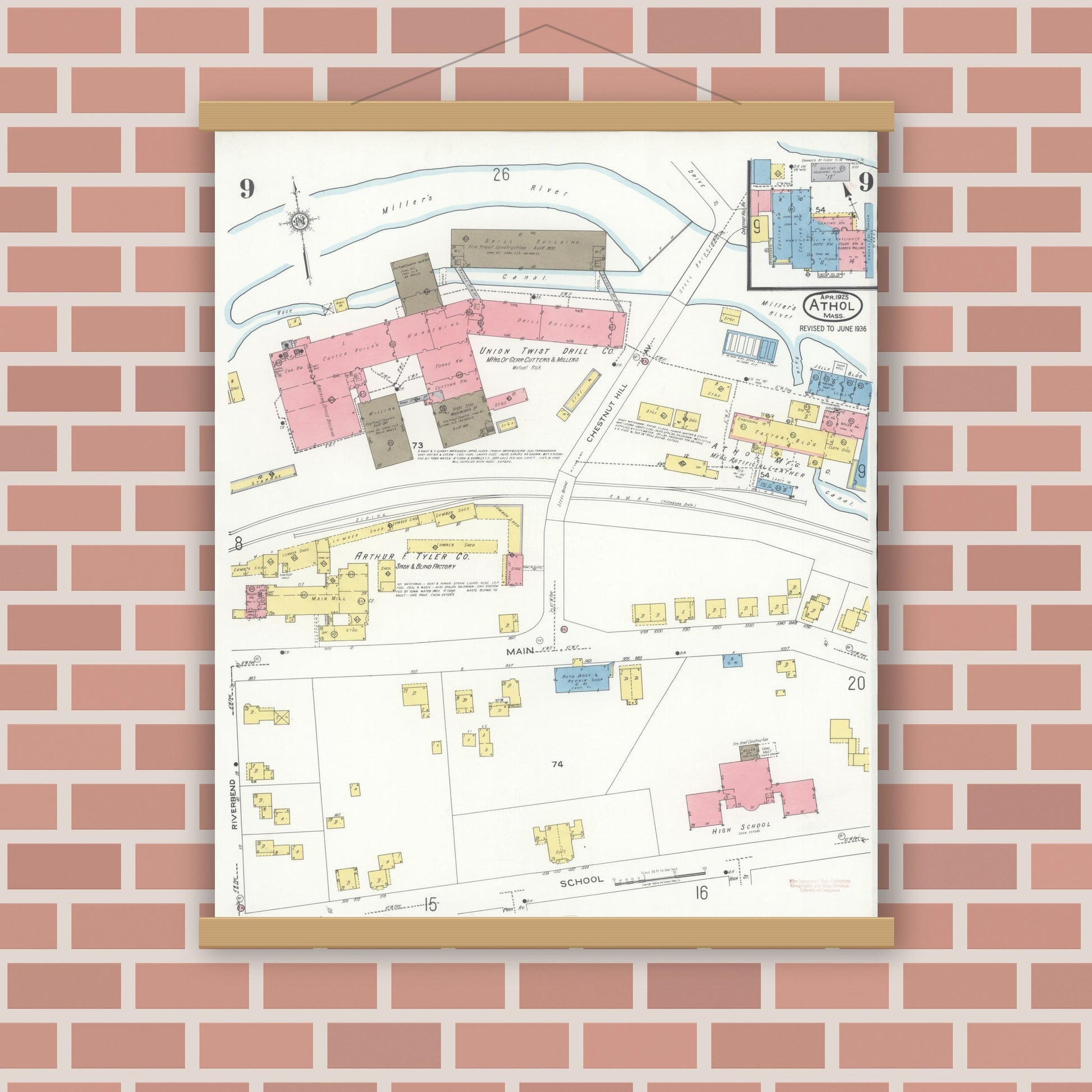 Old map wall art mockup — magnetic wood frame on brick wall — Sanborn Fire Insurance Map from Athol, Worcester County, Massachusetts (1936), Sheet #0009