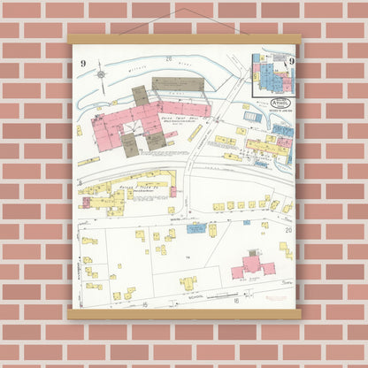 Old map wall art mockup — magnetic wood frame on brick wall — Sanborn Fire Insurance Map from Athol, Worcester County, Massachusetts (1936), Sheet #0009