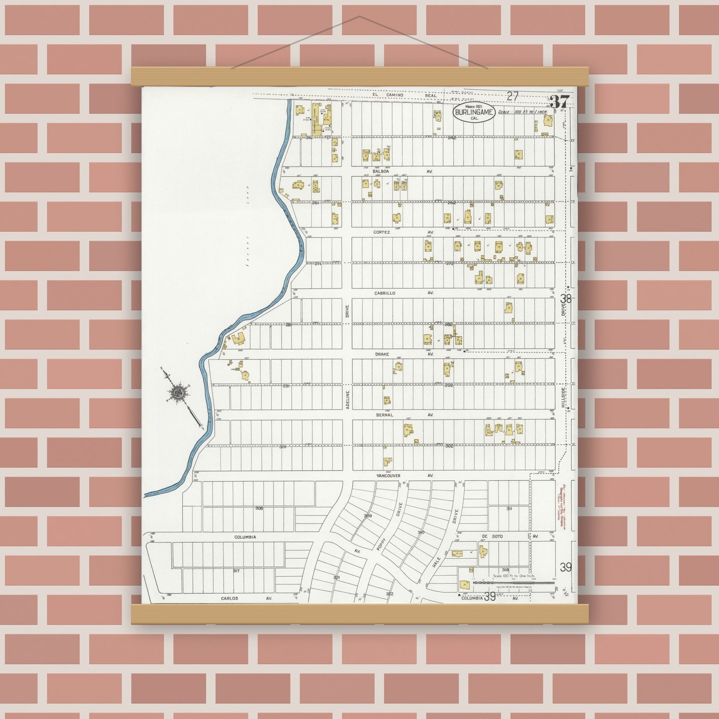 Old map wall art mockup — magnetic wood frame on brick wall — Sanborn Fire Insurance Map from Burlingame, San Mateo County, California (1921), Sheet #0037