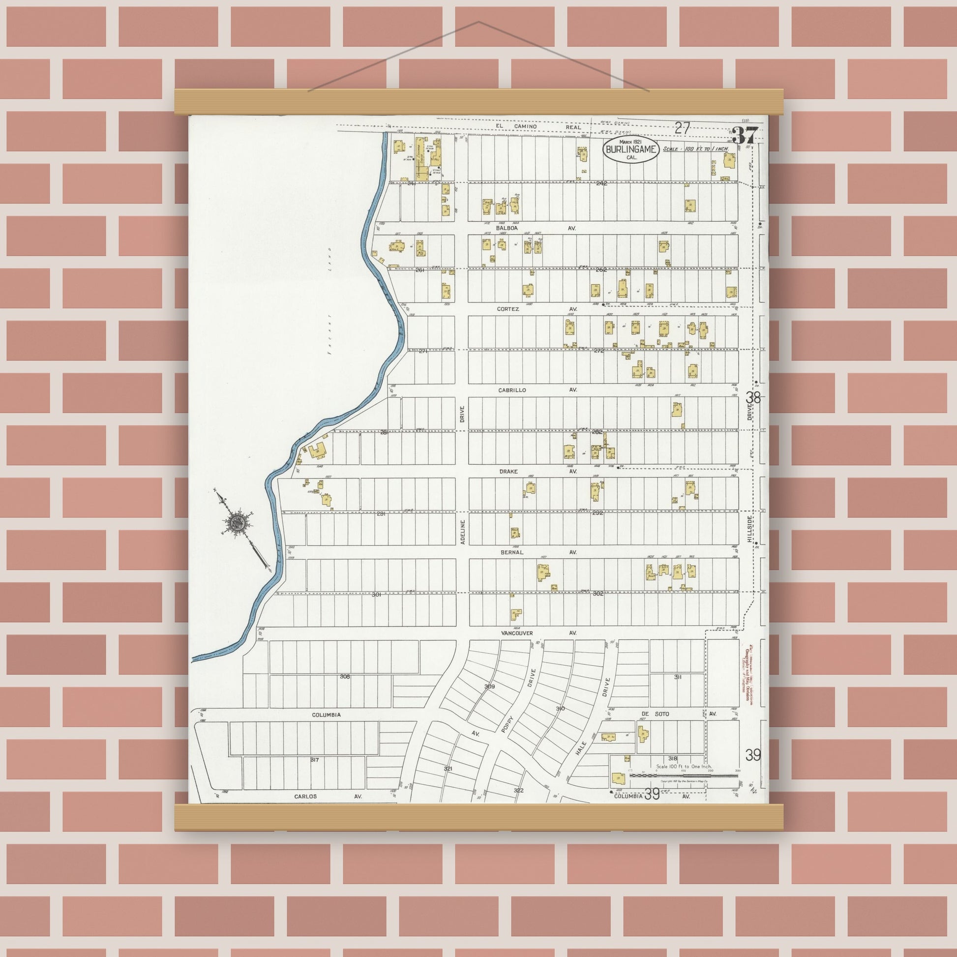 Old map wall art mockup — magnetic wood frame on brick wall — Sanborn Fire Insurance Map from Burlingame, San Mateo County, California (1921), Sheet #0037