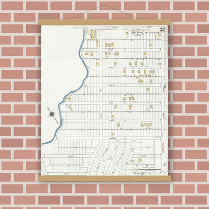 Old map wall art mockup — magnetic wood frame on brick wall — Sanborn Fire Insurance Map from Burlingame, San Mateo County, California (1921), Sheet #0037