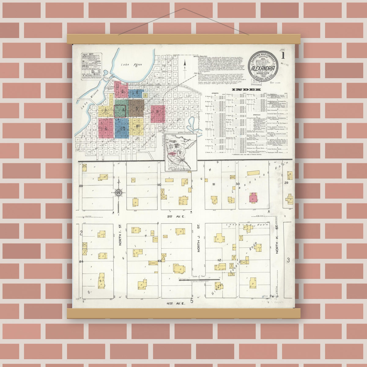 Old map wall art mockup — magnetic wood frame on brick wall — Sanborn Fire Insurance Map from Alexandria, Douglas County, Minnesota (1922) - Complete Map Set