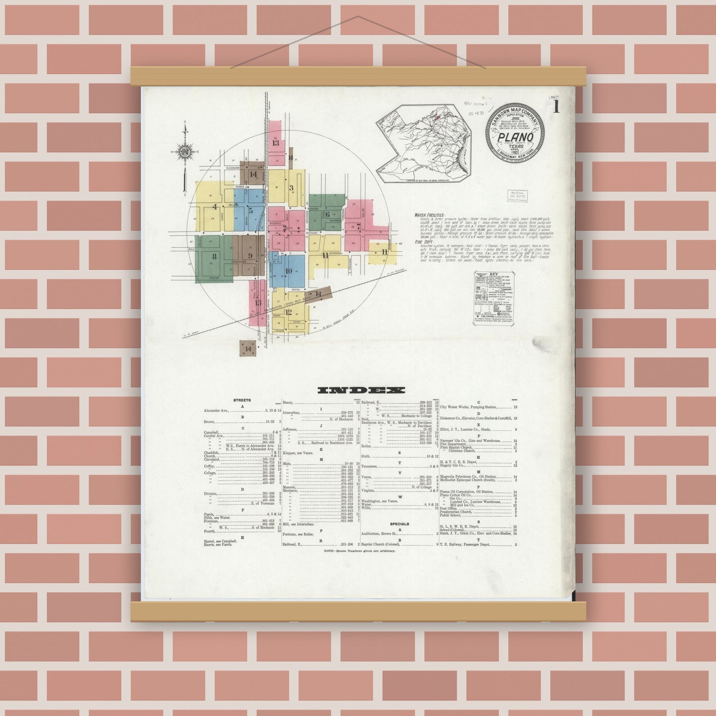 Old map wall art mockup — magnetic wood frame on brick wall — Sanborn Fire Insurance Map from Plano, Collin County, Texas (1921), Sheet #0001