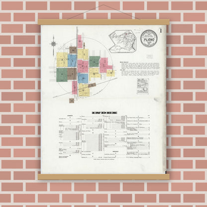 Old map wall art mockup — magnetic wood frame on brick wall — Sanborn Fire Insurance Map from Plano, Collin County, Texas (1921), Sheet #0001