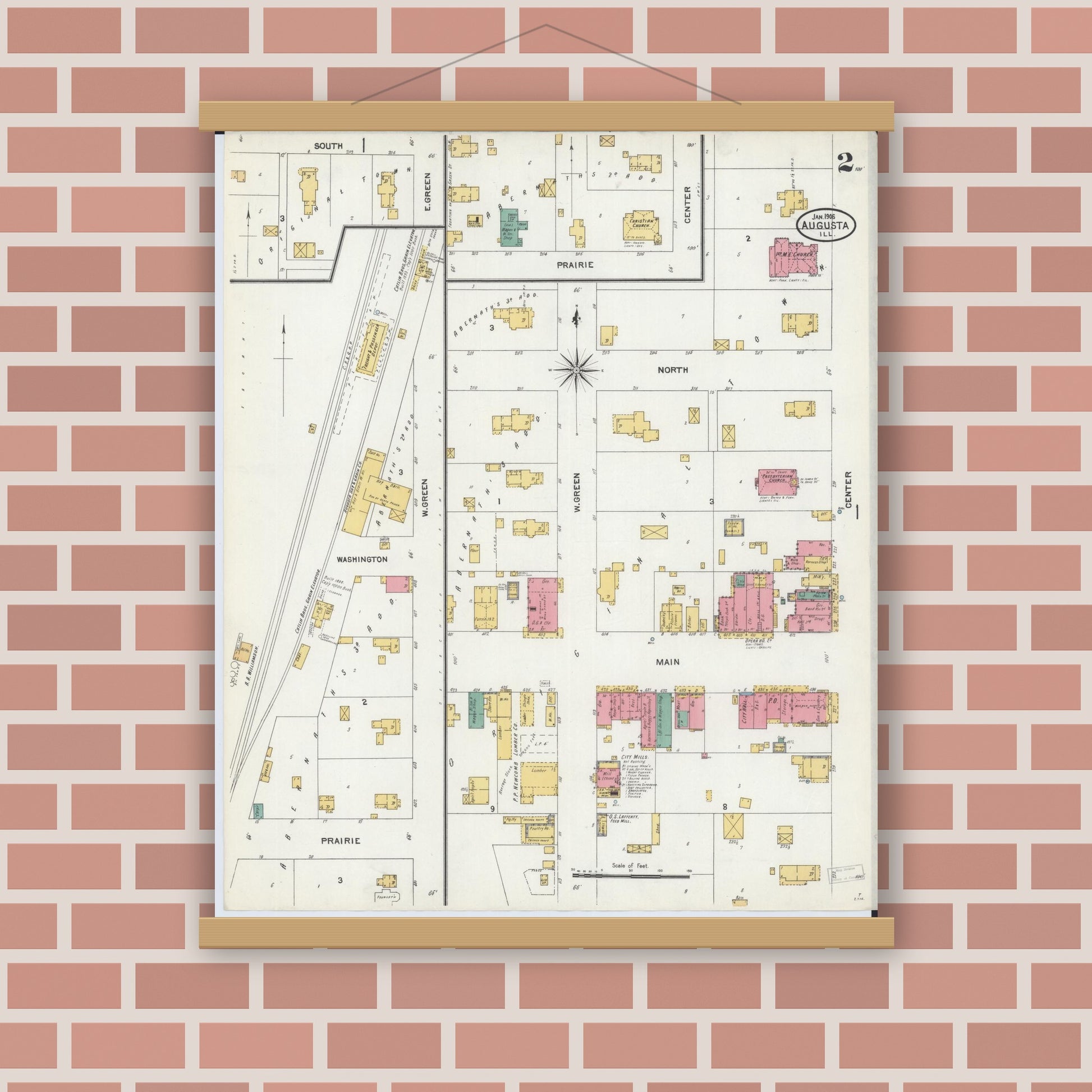 Old map wall art mockup — magnetic wood frame on brick wall — Sanborn Fire Insurance Map from Augusta, Hancock County, Illinois (1906), Sheet #0002