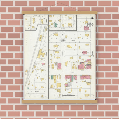 Old map wall art mockup — magnetic wood frame on brick wall — Sanborn Fire Insurance Map from Augusta, Hancock County, Illinois (1906), Sheet #0002