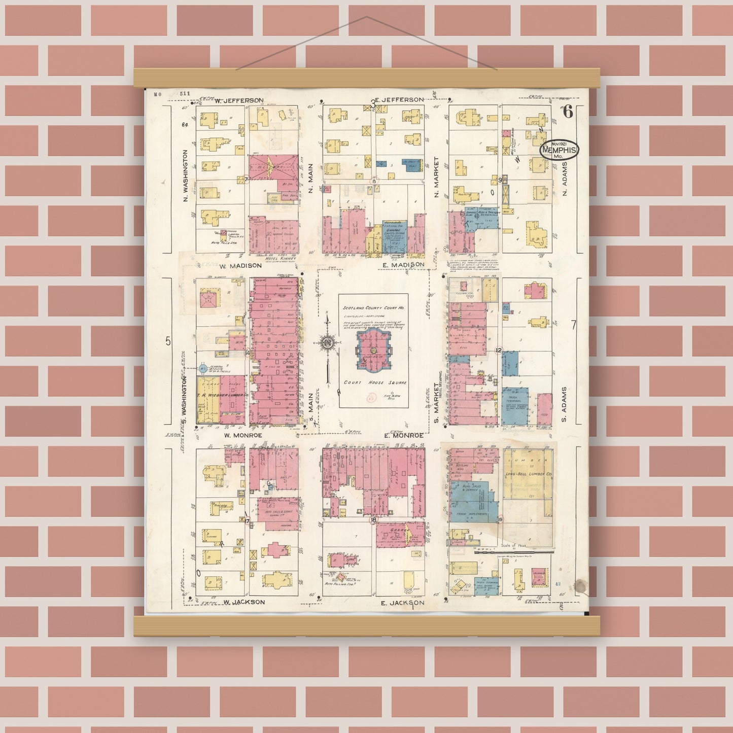 Old map wall art mockup — magnetic wood frame on brick wall — Sanborn Fire Insurance Map from Memphis, Scotland County, Missouri (1936), Sheet #0006