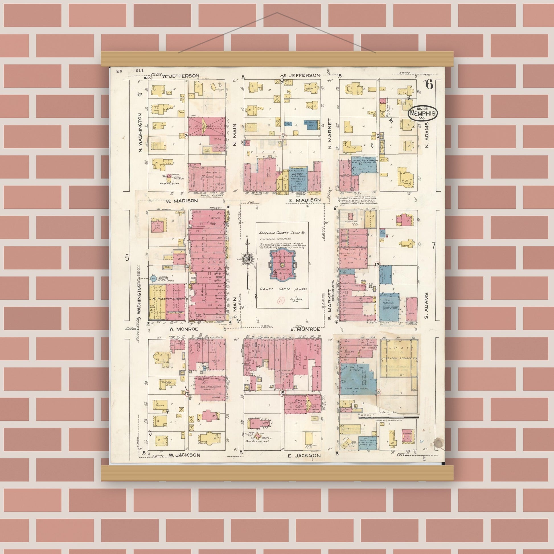 Old map wall art mockup — magnetic wood frame on brick wall — Sanborn Fire Insurance Map from Memphis, Scotland County, Missouri (1936), Sheet #0006
