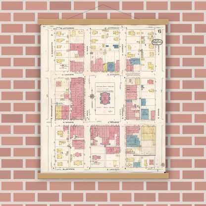 Old map wall art mockup — magnetic wood frame on brick wall — Sanborn Fire Insurance Map from Memphis, Scotland County, Missouri (1936), Sheet #0006
