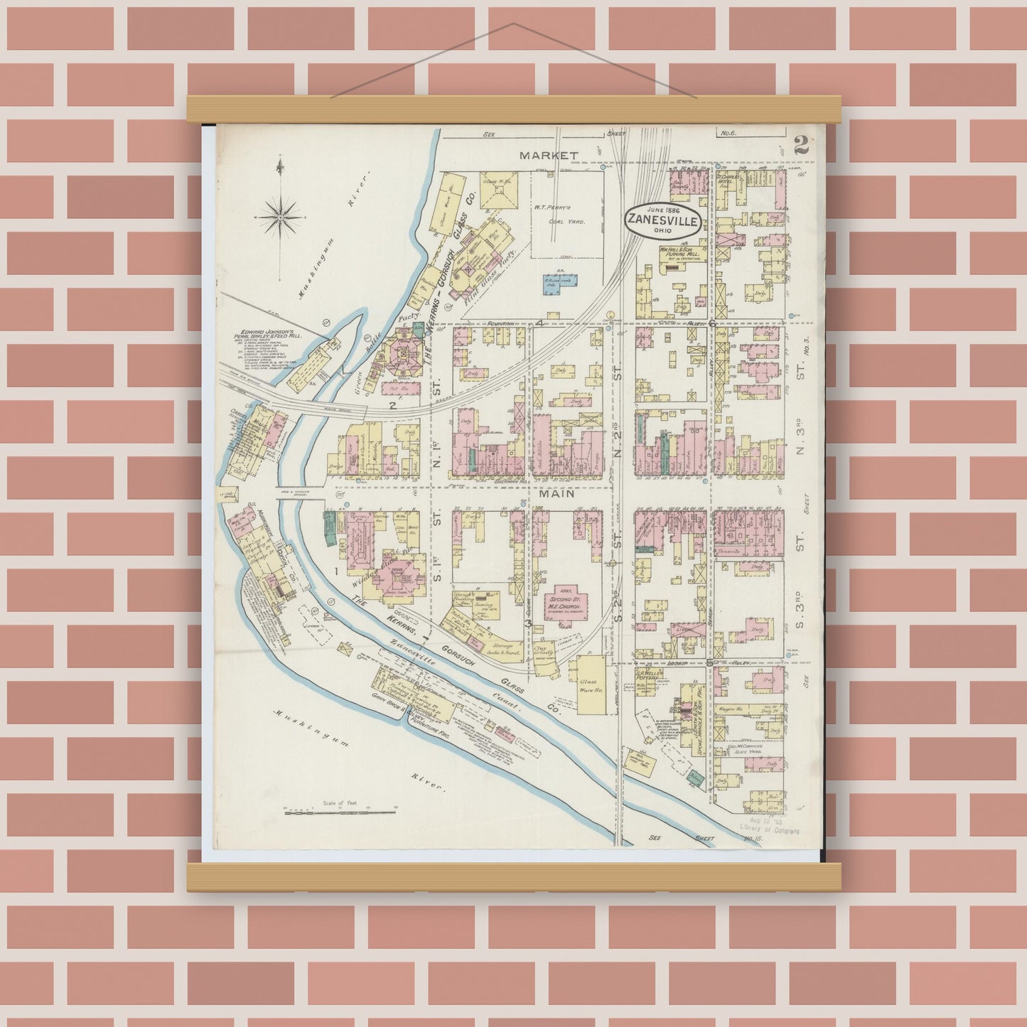 Old map wall art mockup — magnetic wood frame on brick wall — Sanborn Fire Insurance Map from Zanesville, Muskingum County, Ohio (1886), Sheet #0002