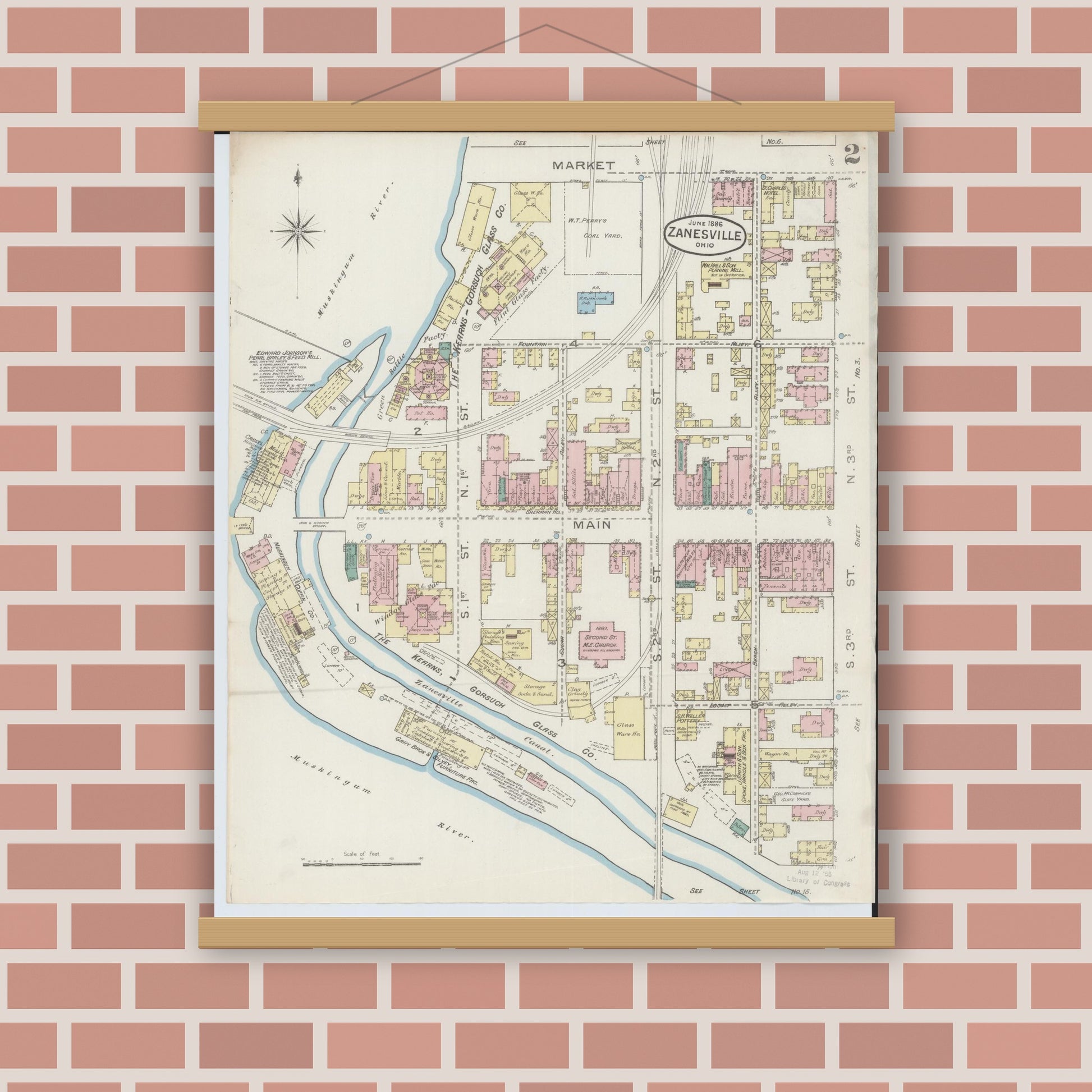 Old map wall art mockup — magnetic wood frame on brick wall — Sanborn Fire Insurance Map from Zanesville, Muskingum County, Ohio (1886), Sheet #0002