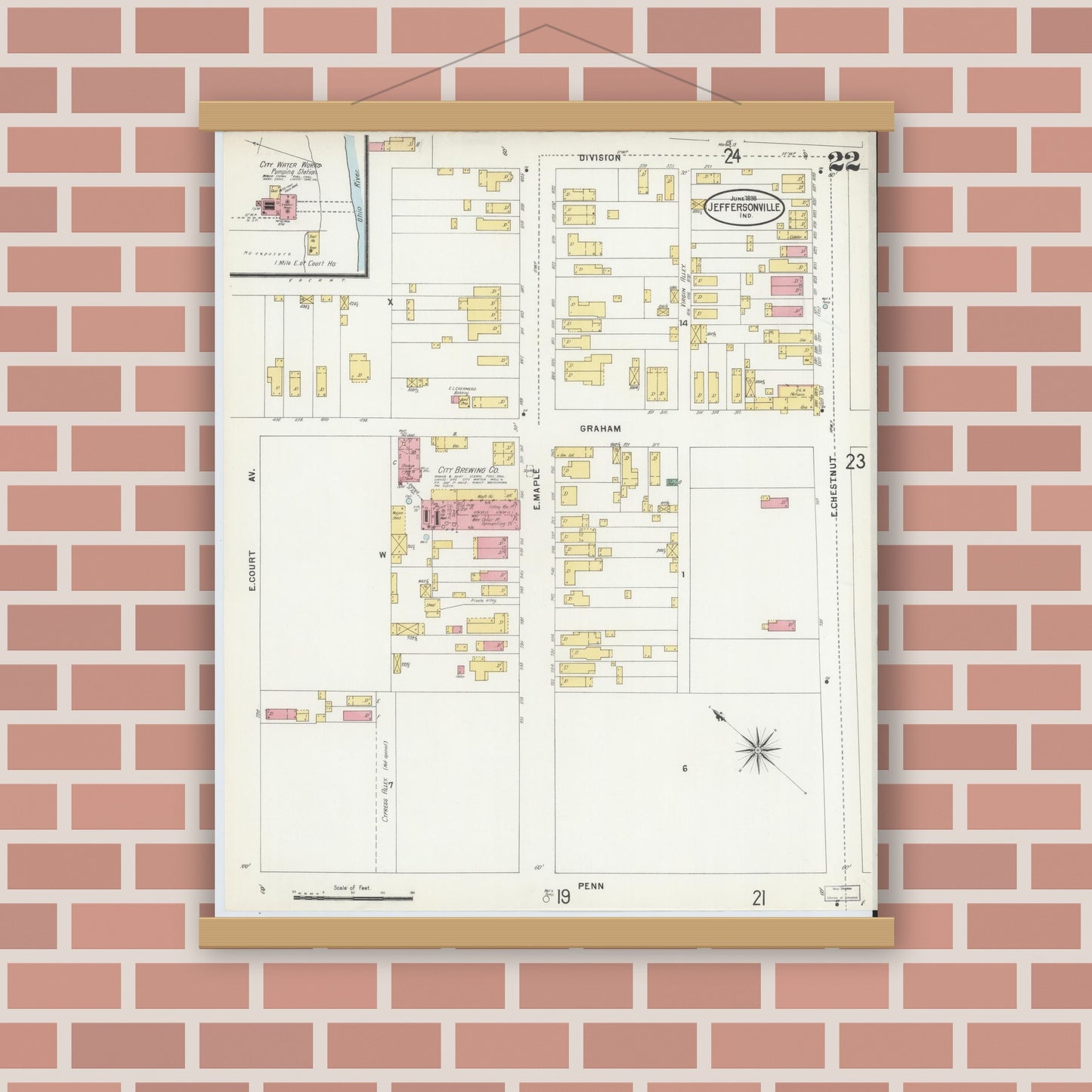 Old map wall art mockup — magnetic wood frame on brick wall — Sanborn Fire Insurance Map from Jeffersonville, Clark County, Indiana (1898), Sheet #0022