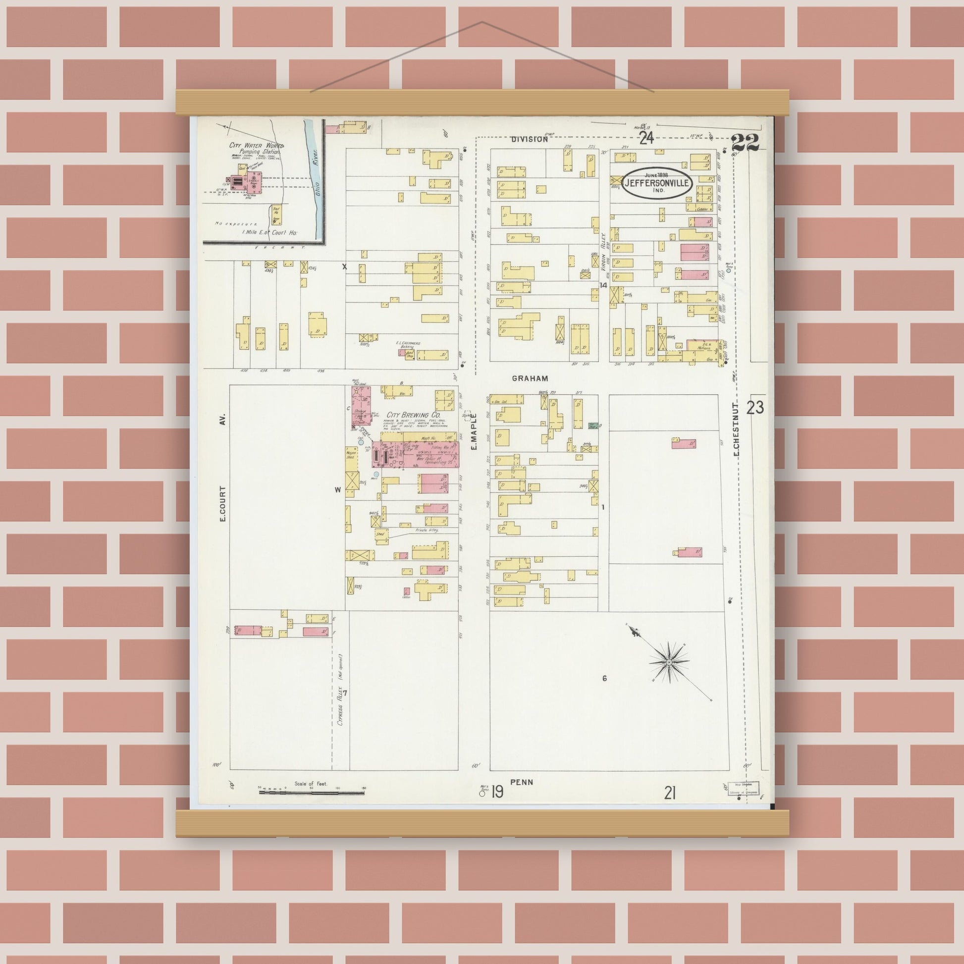 Old map wall art mockup — magnetic wood frame on brick wall — Sanborn Fire Insurance Map from Jeffersonville, Clark County, Indiana (1898), Sheet #0022