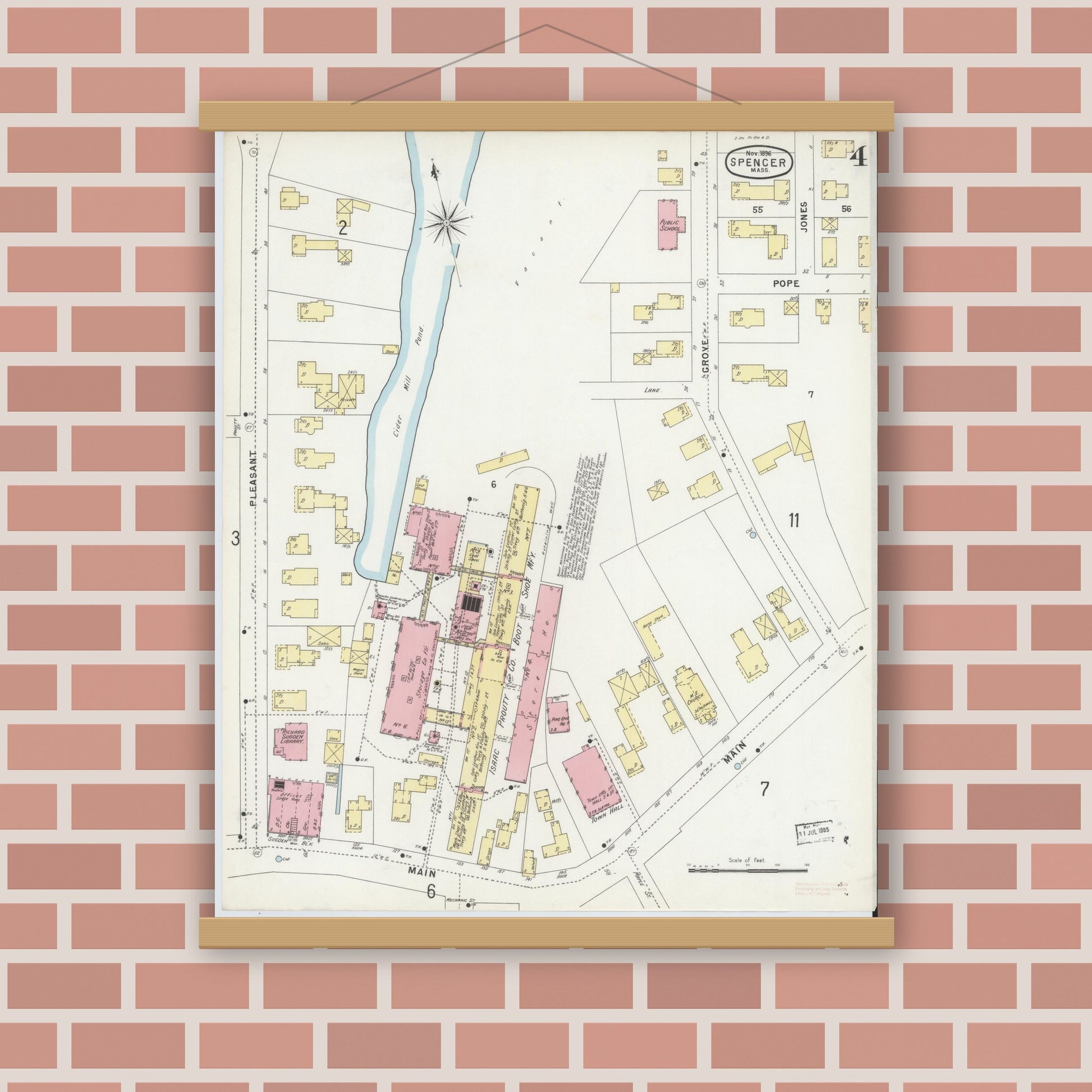 Old map wall art mockup — magnetic wood frame on brick wall — Sanborn Fire Insurance Map from Spencer, Worcester County, Massachusetts (1896), Sheet #0004