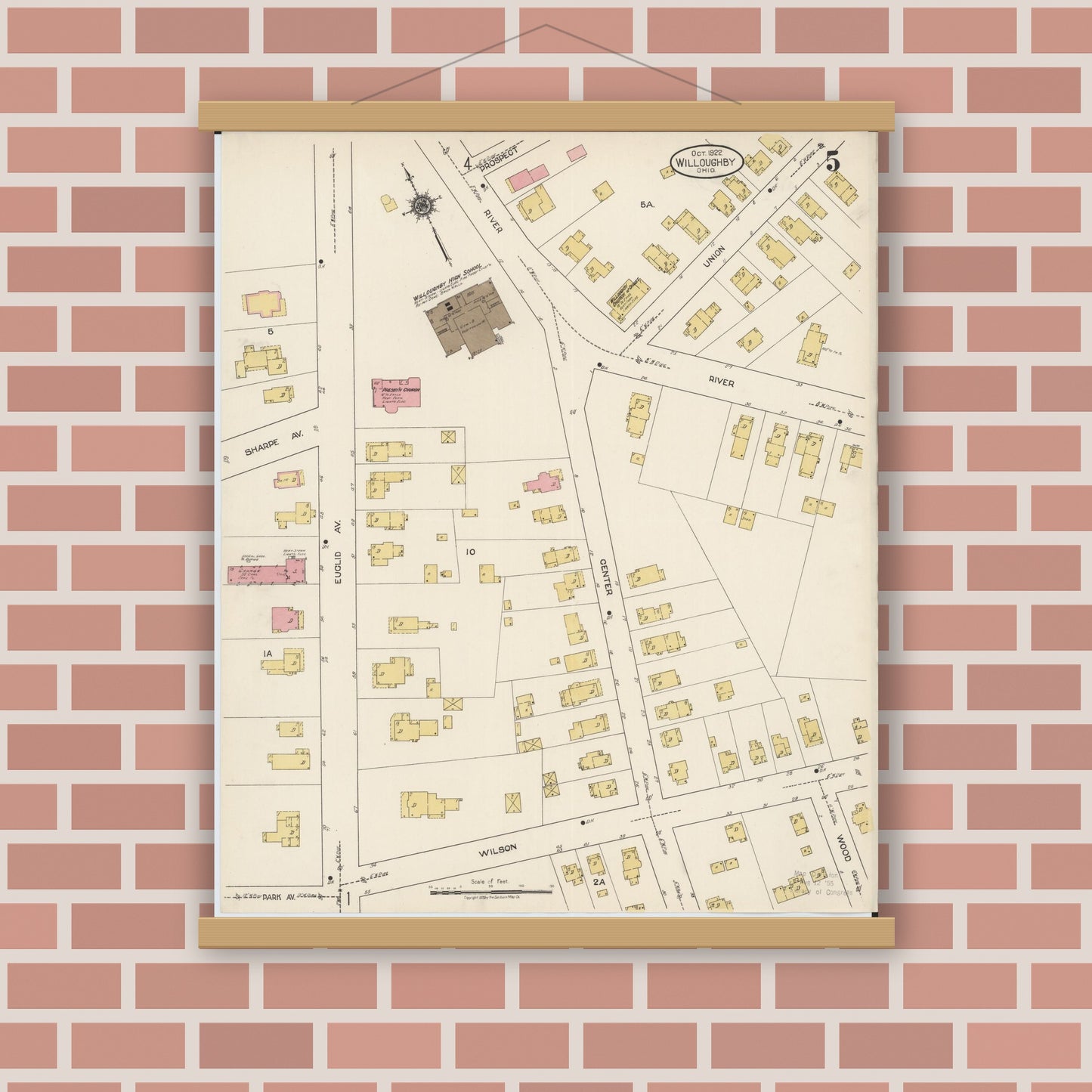 Old map wall art mockup — magnetic wood frame on brick wall — Sanborn Fire Insurance Map from Willoughby, Lake County, Ohio (1922), Sheet #0005