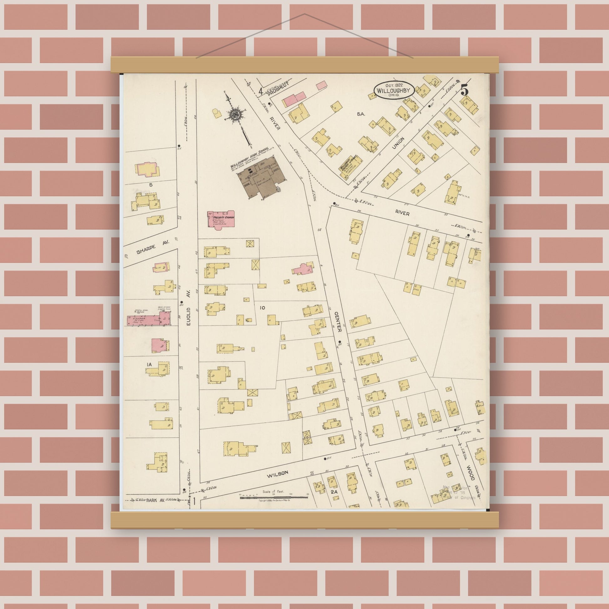 Old map wall art mockup — magnetic wood frame on brick wall — Sanborn Fire Insurance Map from Willoughby, Lake County, Ohio (1922), Sheet #0005