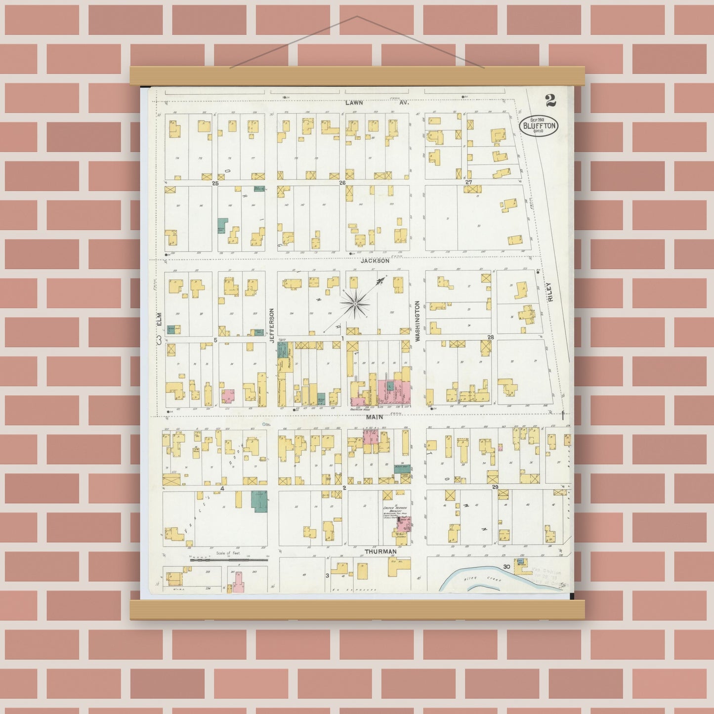 Old map wall art mockup — magnetic wood frame on brick wall — Sanborn Fire Insurance Map from Bluffton, Allen County, Ohio (1901), Sheet #0002