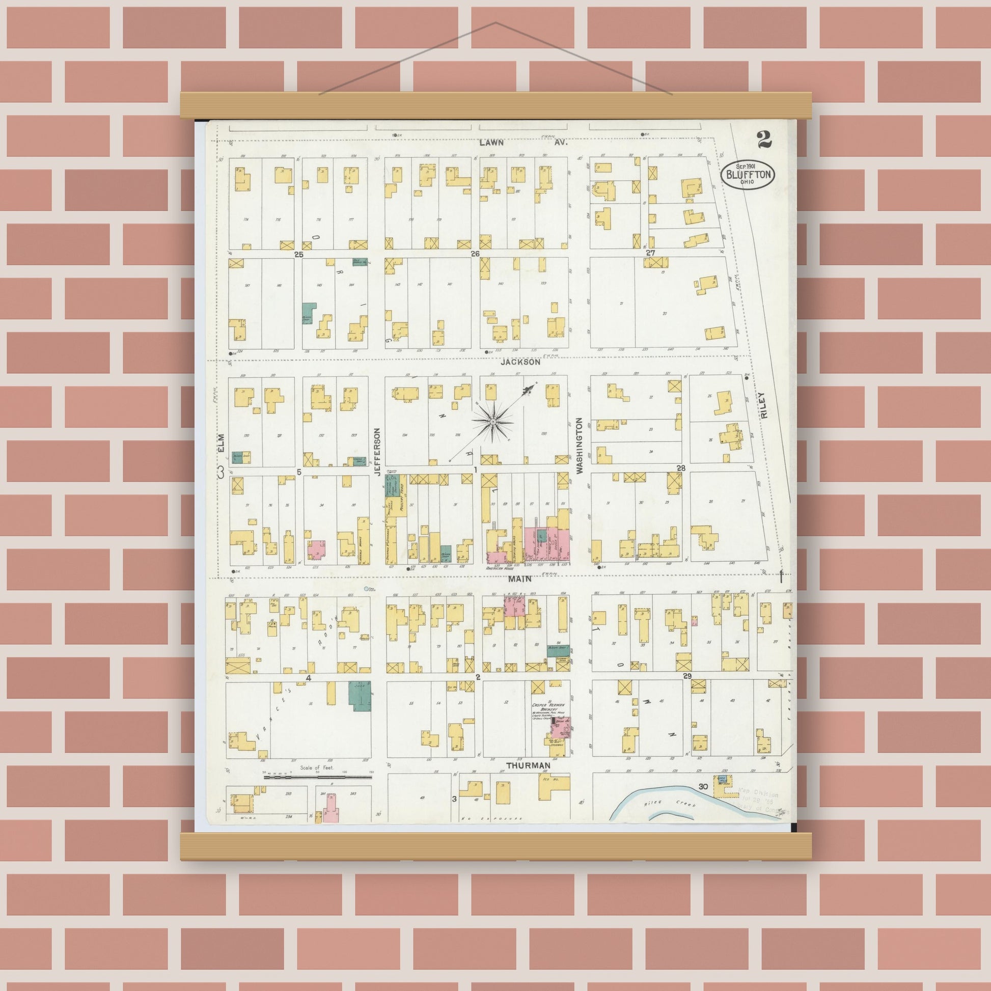 Old map wall art mockup — magnetic wood frame on brick wall — Sanborn Fire Insurance Map from Bluffton, Allen County, Ohio (1901), Sheet #0002